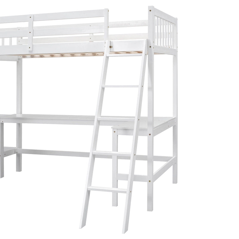 Letto a soppalco a L in legno singolo con scala e 2 scrivanie integrate a L