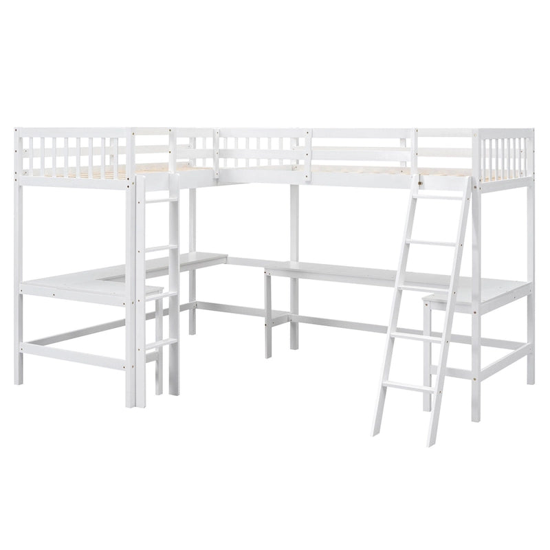Letto a soppalco a L in legno singolo con scala e 2 scrivanie integrate a L
