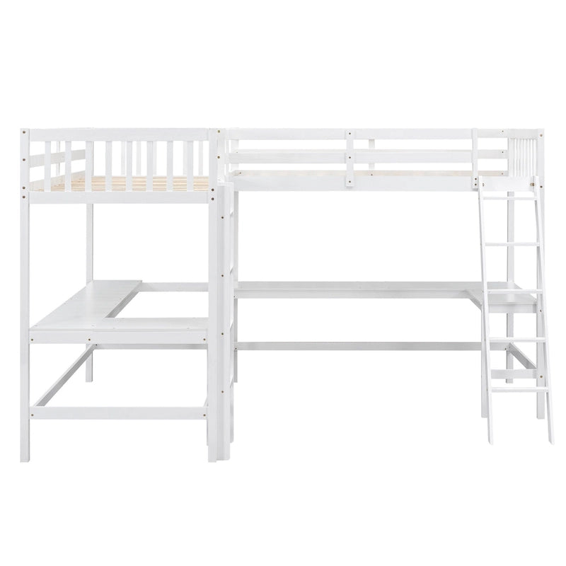 Letto a soppalco a L in legno singolo con scala e 2 scrivanie integrate a L