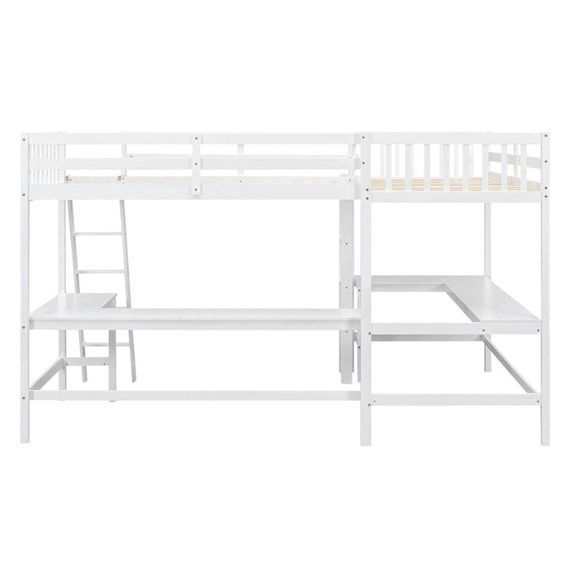 Letto a soppalco a L in legno singolo con scala e 2 scrivanie integrate a L