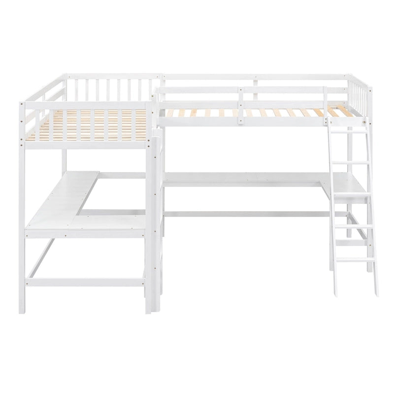 Letto a soppalco a L in legno singolo con scala e 2 scrivanie integrate a L