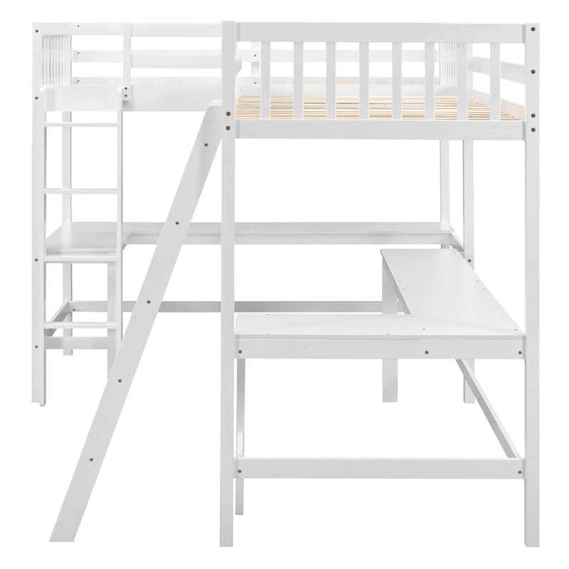 Letto a soppalco a L in legno singolo con scala e 2 scrivanie integrate a L