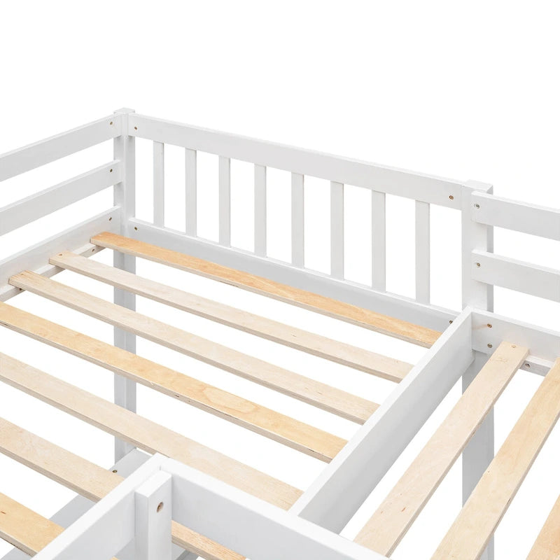 Letto a soppalco a L in legno singolo con scala e 2 scrivanie integrate a L