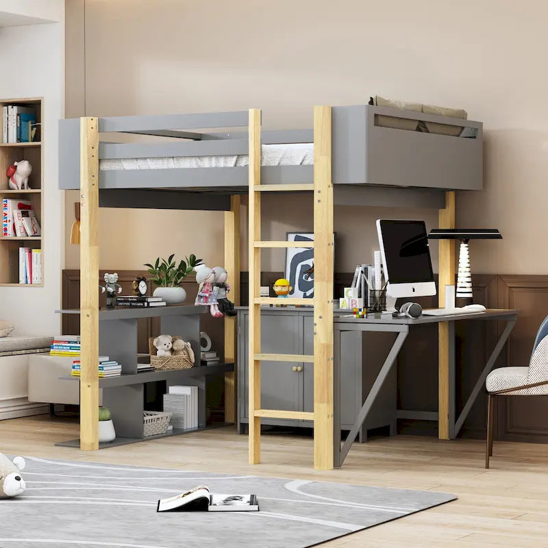 Letto a soppalco in legno formato singolo con armadio contenitore e cubi integrati, scrivania pieghevole, bianco