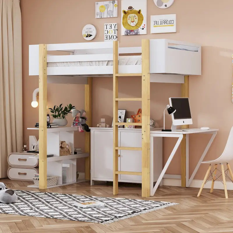 Letto a soppalco in legno formato singolo con armadio contenitore e cubi integrati, scrivania pieghevole, bianco