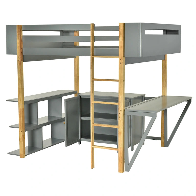 Letto a soppalco in legno formato singolo con armadio contenitore e cubi integrati, scrivania pieghevole, bianco