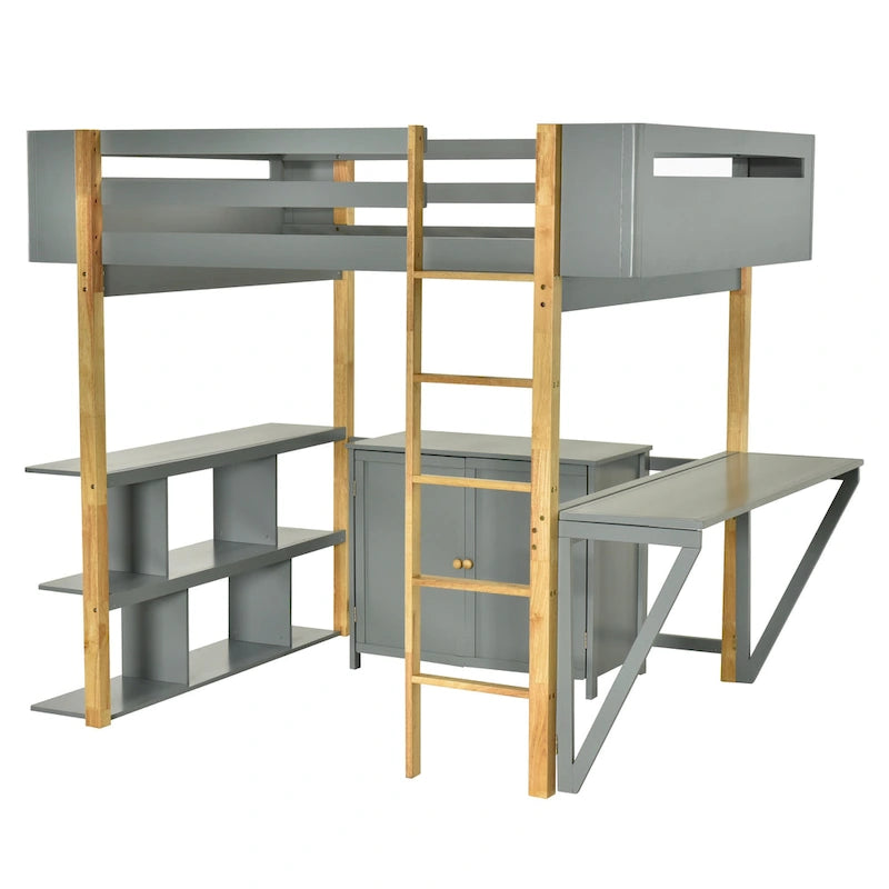Letto a soppalco in legno formato singolo con armadio contenitore e cubi integrati, scrivania pieghevole, bianco