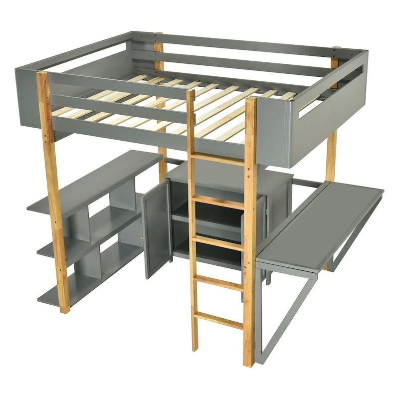 Letto a soppalco in legno formato singolo con armadio contenitore e cubi integrati, scrivania pieghevole, bianco