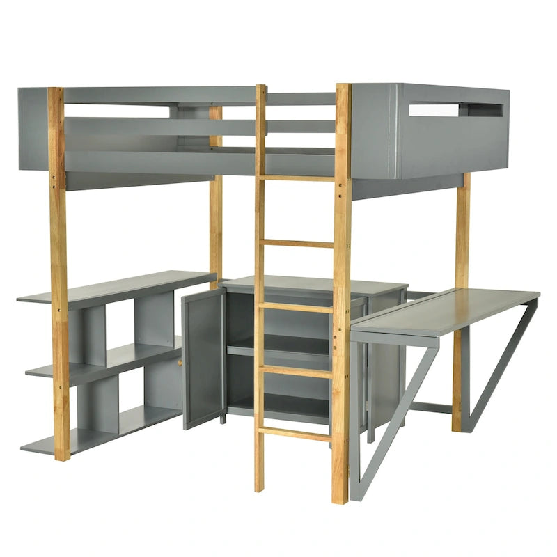Hochbett in Twin-Größe aus Holz mit integriertem Stauraumschrank und Fächern, klappbarem Schreibtisch, Weiß