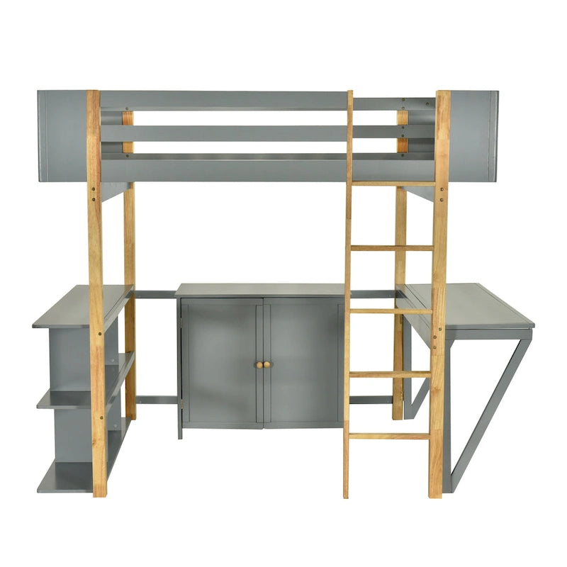 Hochbett in Twin-Größe aus Holz mit integriertem Stauraumschrank und Fächern, klappbarem Schreibtisch, Weiß