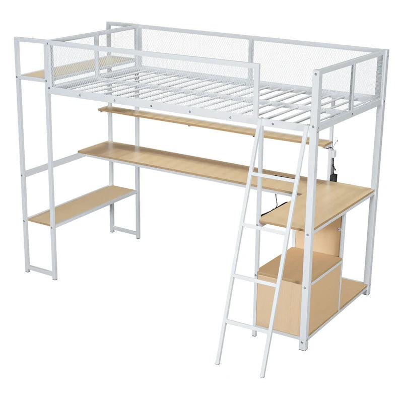 Letto a soppalco in metallo singolo con postazione di lavoro integrata, LED e molteplici vani contenitore