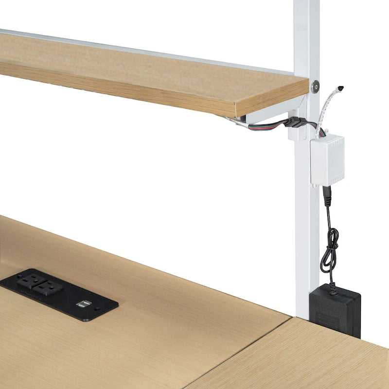 Letto a soppalco in metallo singolo con postazione di lavoro integrata, LED e molteplici vani contenitore