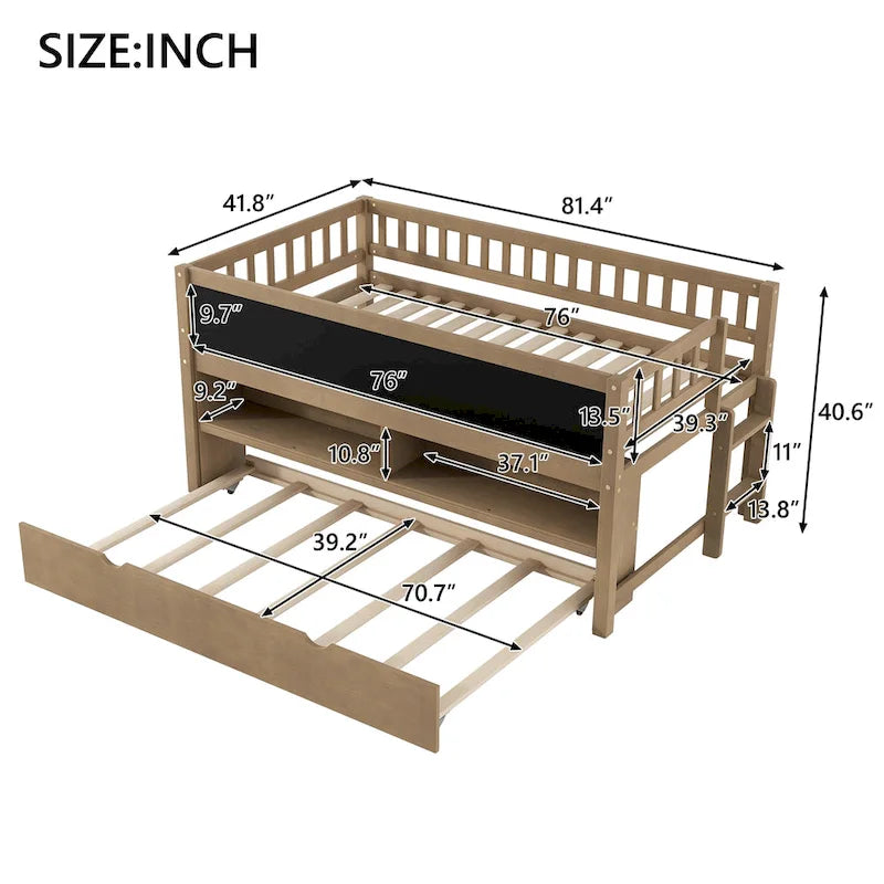 Niedriges Hochbett aus Holz in Einzelbettgröße mit Aufbewahrungsregalen, Tafel und Ausziehbett, Weiß