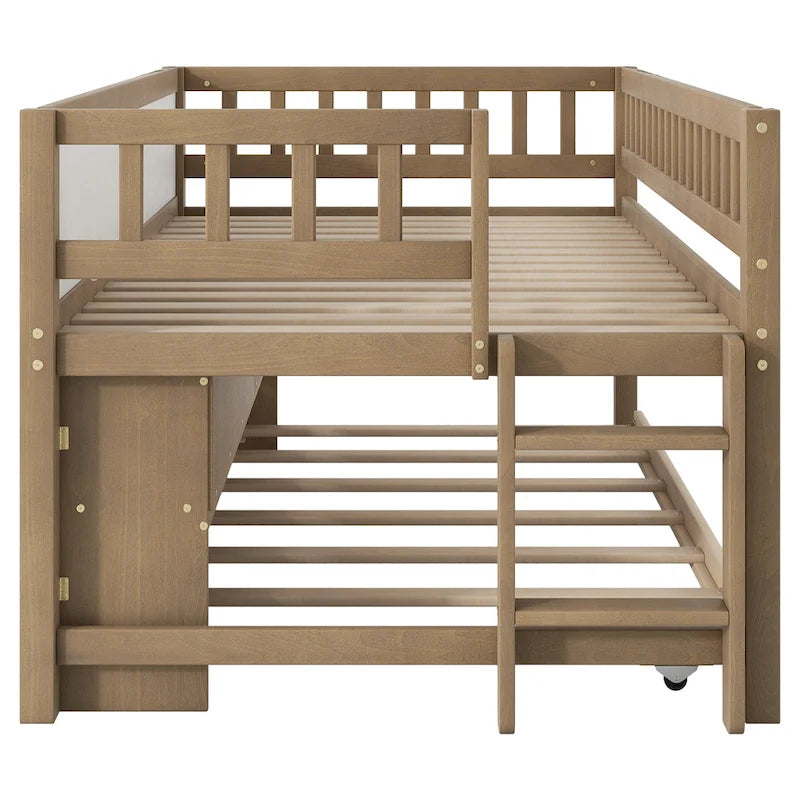 Niedriges Hochbett aus Holz in Einzelbettgröße mit Aufbewahrungsregalen, Tafel und Ausziehbett, Weiß