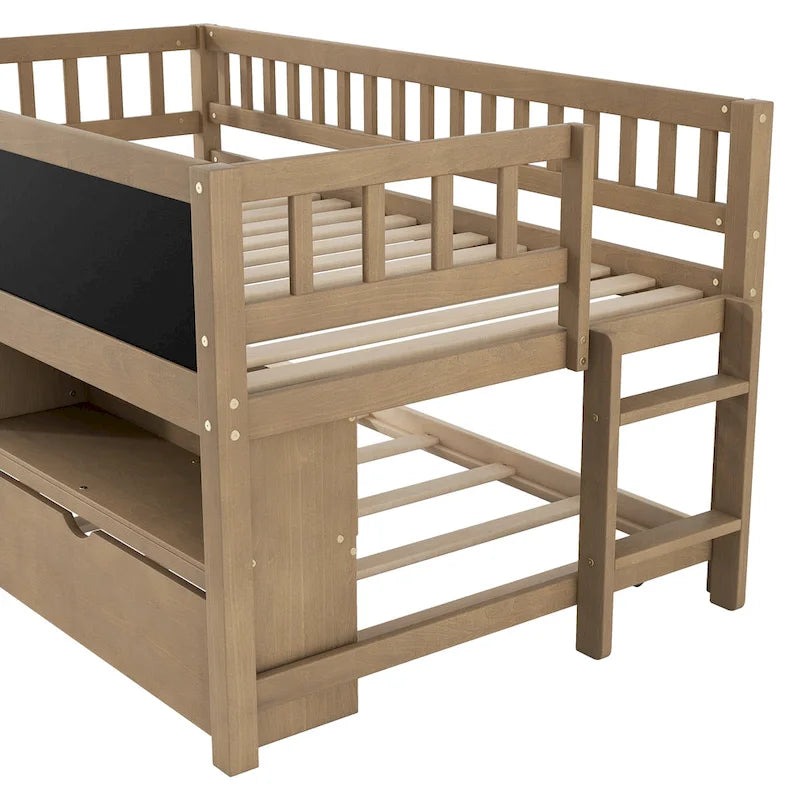 Niedriges Hochbett aus Holz in Einzelbettgröße mit Aufbewahrungsregalen, Tafel und Ausziehbett, Weiß