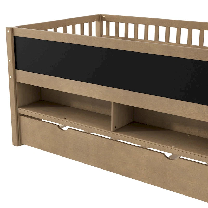 Letto basso a soppalco in legno per letto singolo, con mensole contenitore, lavagna e letto estraibile, bianco
