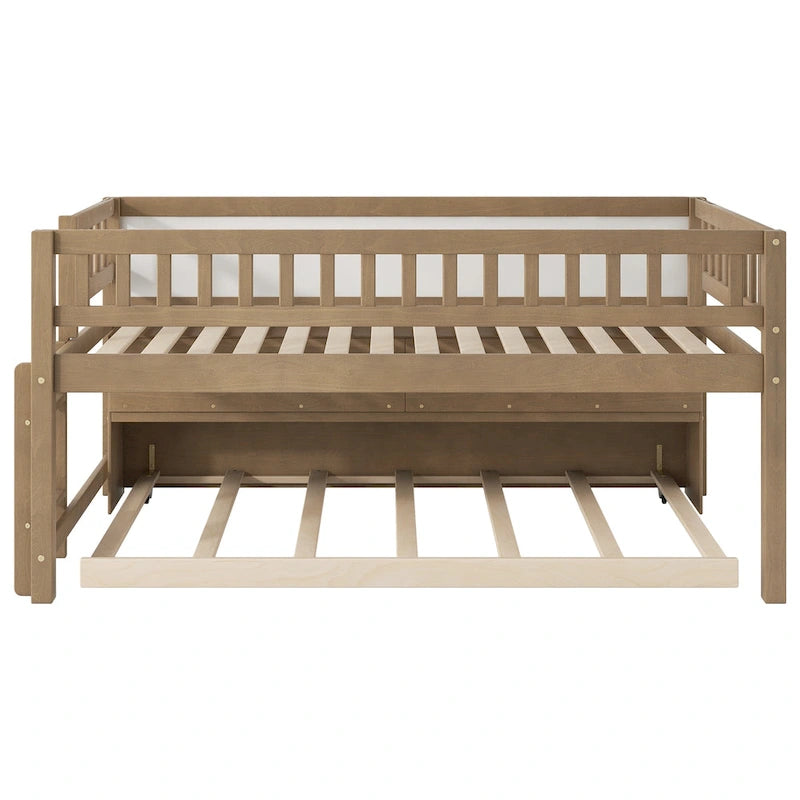Letto basso a soppalco in legno per letto singolo, con mensole contenitore, lavagna e letto estraibile, bianco
