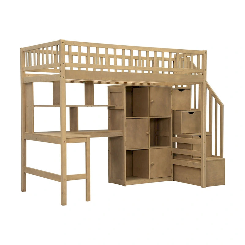 Einzel-Hochbett mit integriertem Schreibtisch, LED-Beleuchtung, Stauraumregalen, Schränken und Treppe