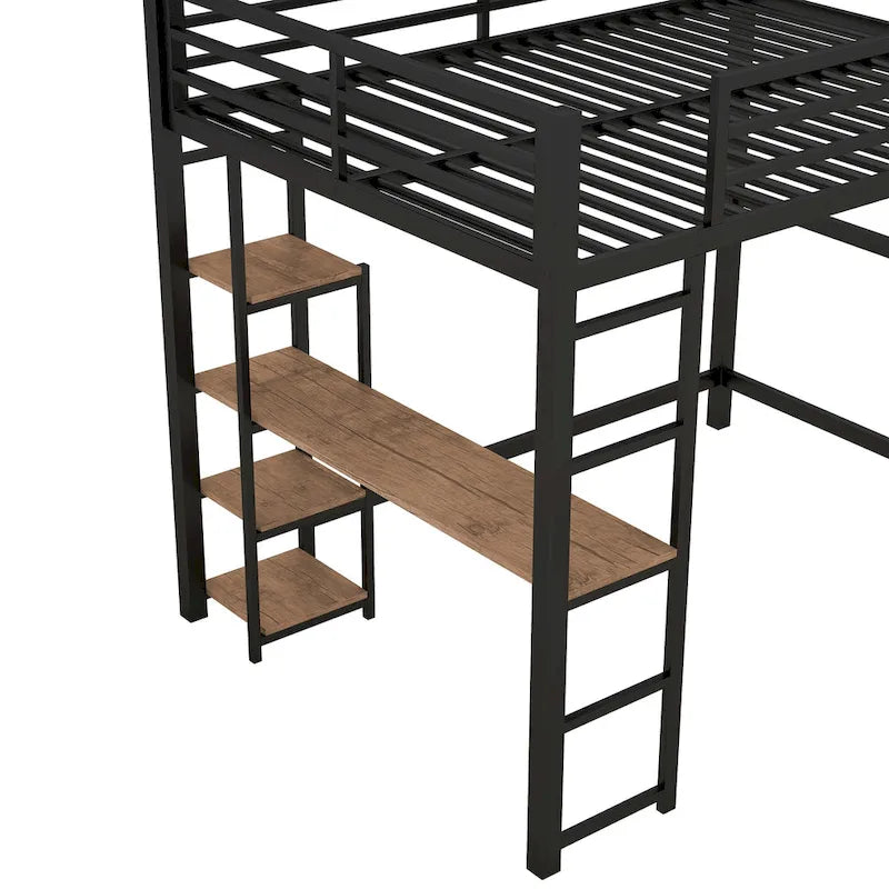 Letto a soppalco in metallo a una piazza e mezza con scrivania integrata e scaffali portaoggetti, nero
