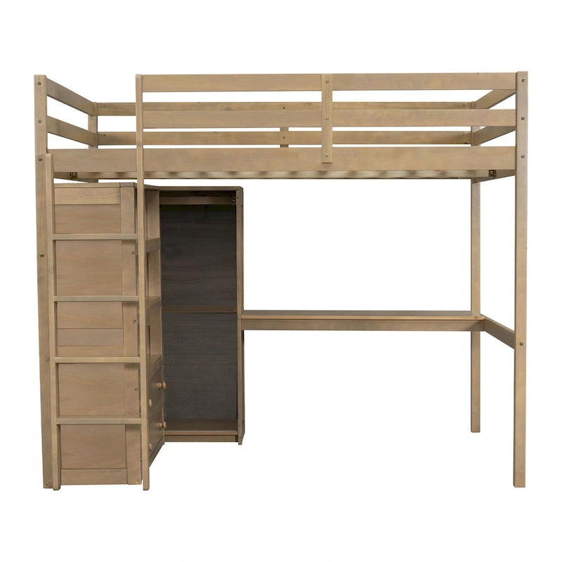Holz-Hochbett in voller Größe mit integriertem Kleiderschrank, Schreibtisch, Ablagefächern und Schubladen, Weiß