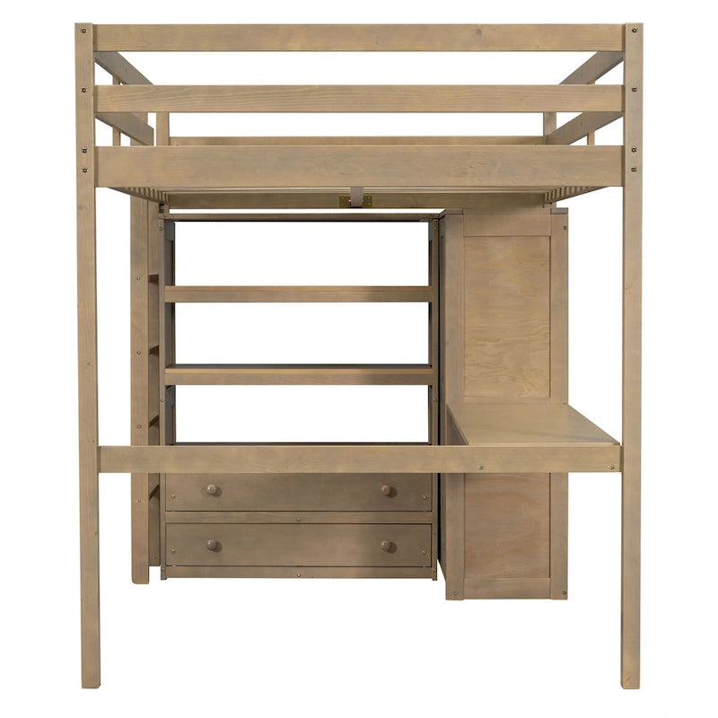 Holz-Hochbett in voller Größe mit integriertem Kleiderschrank, Schreibtisch, Ablagefächern und Schubladen, Weiß