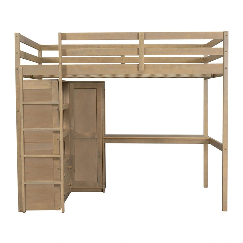 Holz-Hochbett in voller Größe mit integriertem Kleiderschrank, Schreibtisch, Ablagefächern und Schubladen, Weiß