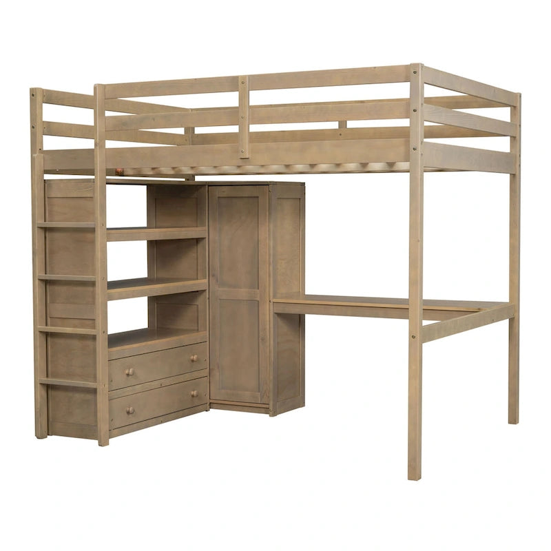 Holz-Hochbett in voller Größe mit integriertem Kleiderschrank, Schreibtisch, Ablagefächern und Schubladen, Weiß