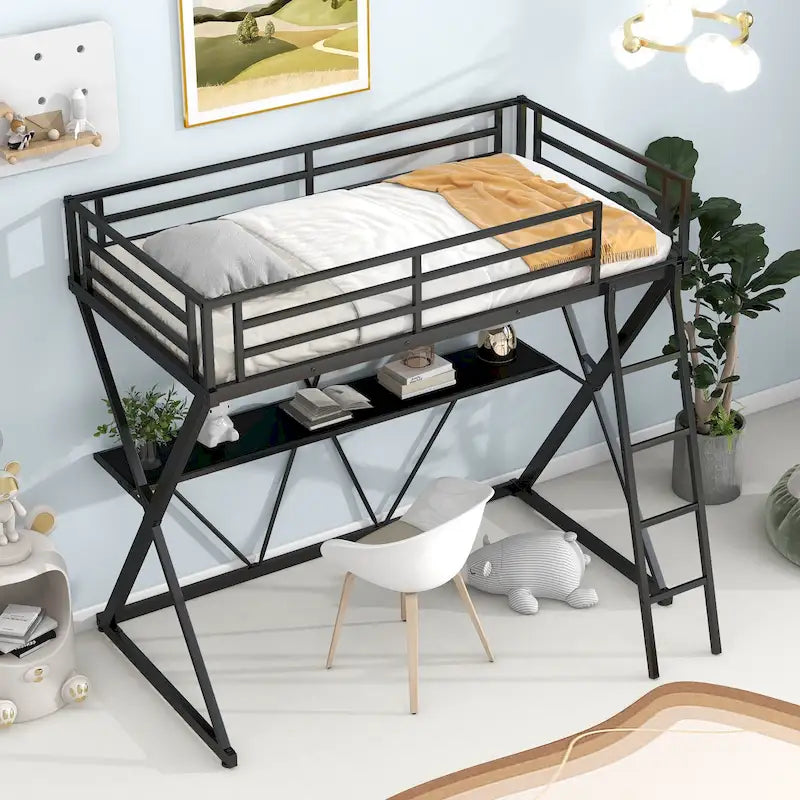 Einzel-Hochbett mit Schreibtisch, Leiter und durchgehenden Schutzgittern, X-förmigem Metallrahmen, kein Lattenrost erforderlich, für Kinder