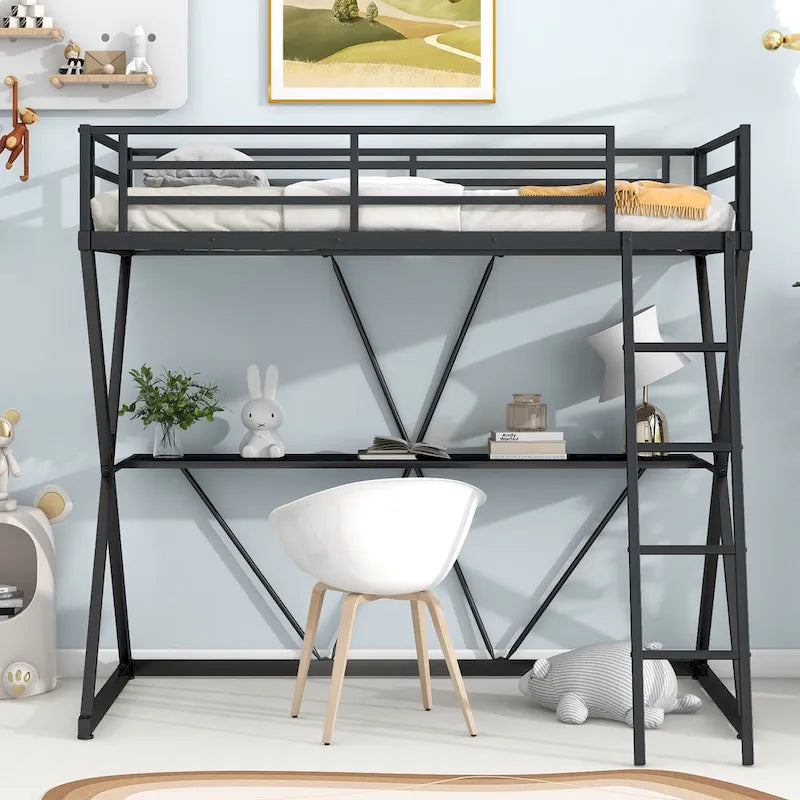 Twin Size Loft Bed with Desk, Ladder and Full-Length Guardrails, X-Shaped Metal Frame, No Box Spring Needed for Kids