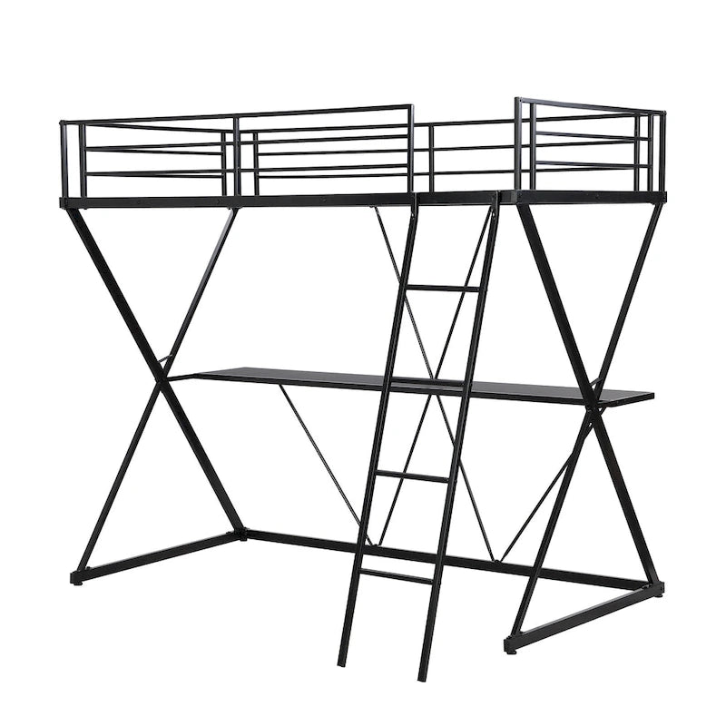 Einzel-Hochbett mit Schreibtisch, Leiter und durchgehenden Schutzgittern, X-förmigem Metallrahmen, kein Lattenrost erforderlich, für Kinder