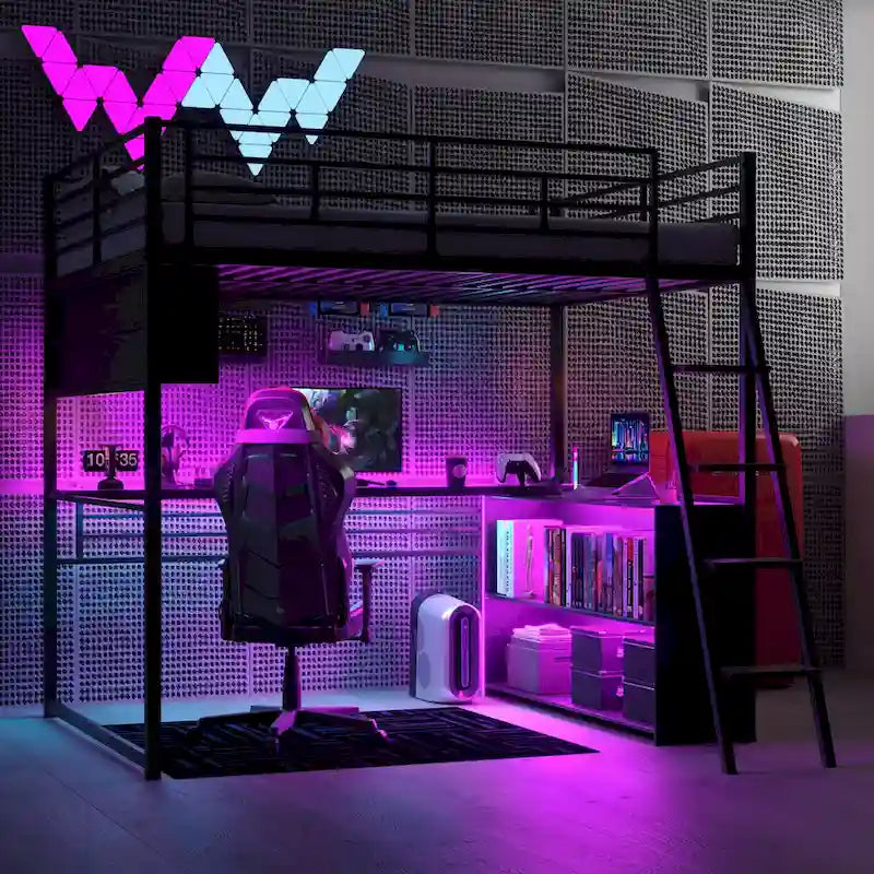 Letto a soppalco matrimoniale in metallo con scrivania e scale, struttura per letto a soppalco resistente con luci LED, letto a soppalco matrimoniale con mensole contenitore per bambini