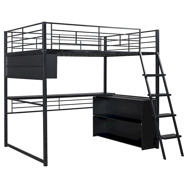 Metall-Hochbett in voller Größe mit Schreibtisch und Treppe, hochbelastbarer Hochbett-Rahmen mit LED-Beleuchtung, Hochbett in voller Größe mit Stauraumregalen für Kinder