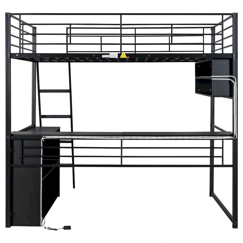 Metall-Hochbett in voller Größe mit Schreibtisch und Treppe, hochbelastbarer Hochbett-Rahmen mit LED-Beleuchtung, Hochbett in voller Größe mit Stauraumregalen für Kinder