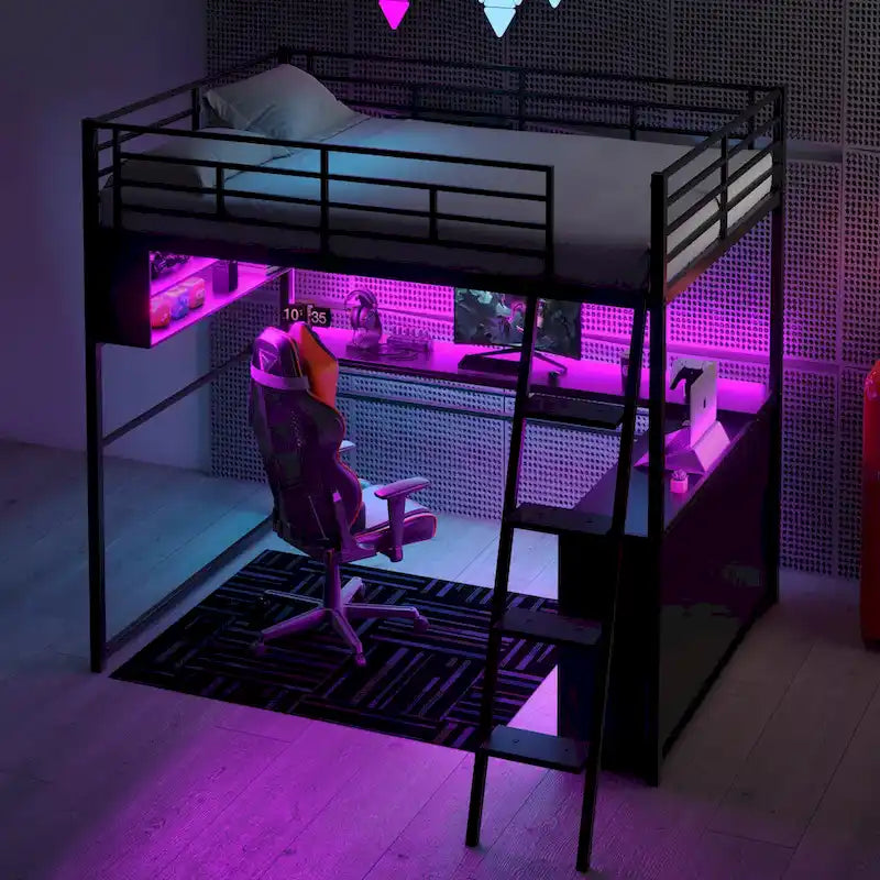 Letto a soppalco matrimoniale in metallo con scrivania e scale, struttura per letto a soppalco resistente con luci LED, letto a soppalco matrimoniale con mensole contenitore per bambini