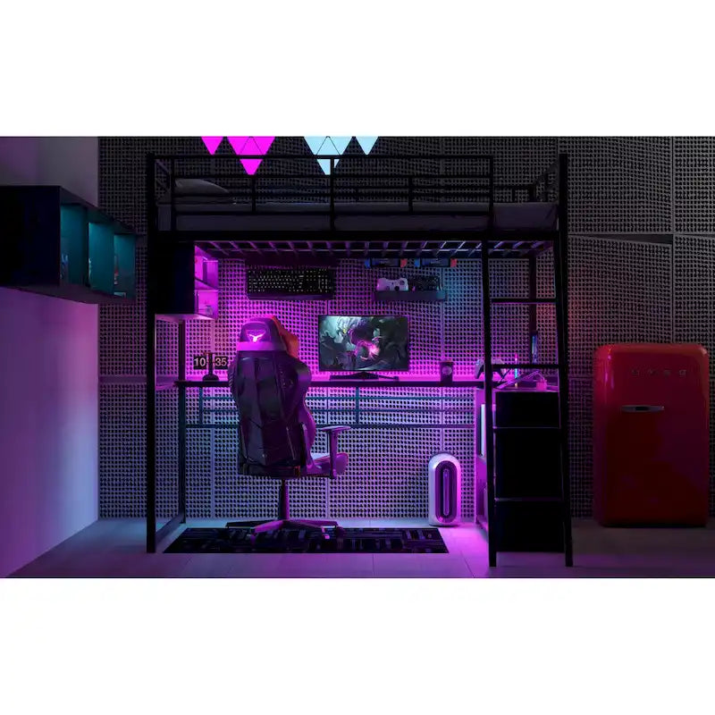 Letto a soppalco matrimoniale in metallo con scrivania e scale, struttura per letto a soppalco resistente con luci LED, letto a soppalco matrimoniale con mensole contenitore per bambini