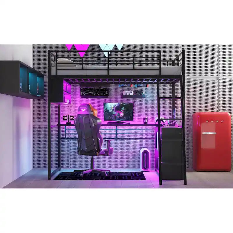Letto a soppalco matrimoniale in metallo con scrivania e scale, struttura per letto a soppalco resistente con luci LED, letto a soppalco matrimoniale con mensole contenitore per bambini