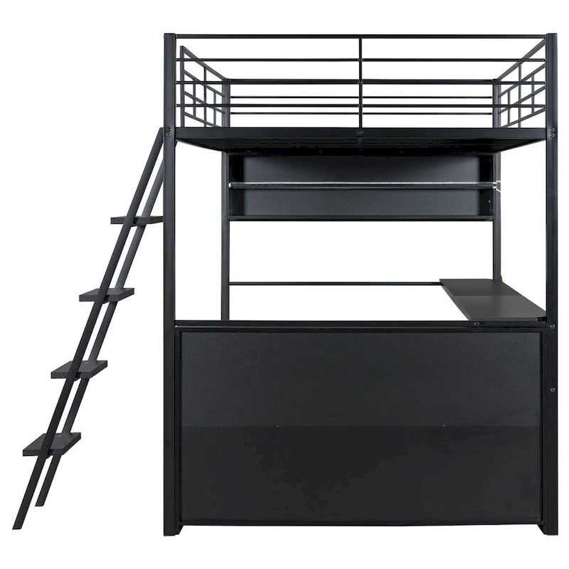 Letto a soppalco matrimoniale in metallo con scrivania e scale, struttura per letto a soppalco resistente con luci LED, letto a soppalco matrimoniale con mensole contenitore per bambini