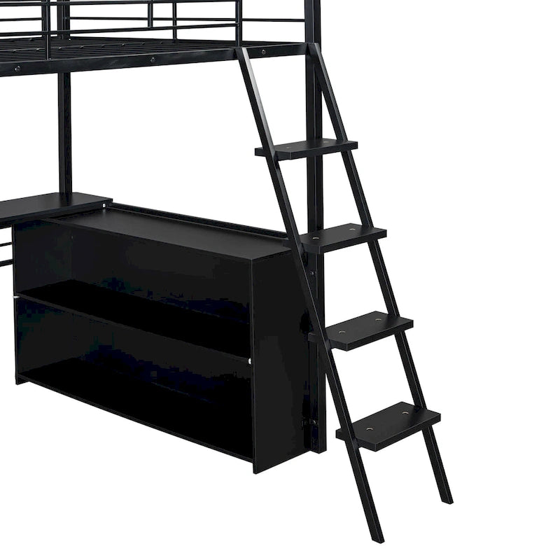 Letto a soppalco matrimoniale in metallo con scrivania e scale, struttura per letto a soppalco resistente con luci LED, letto a soppalco matrimoniale con mensole contenitore per bambini