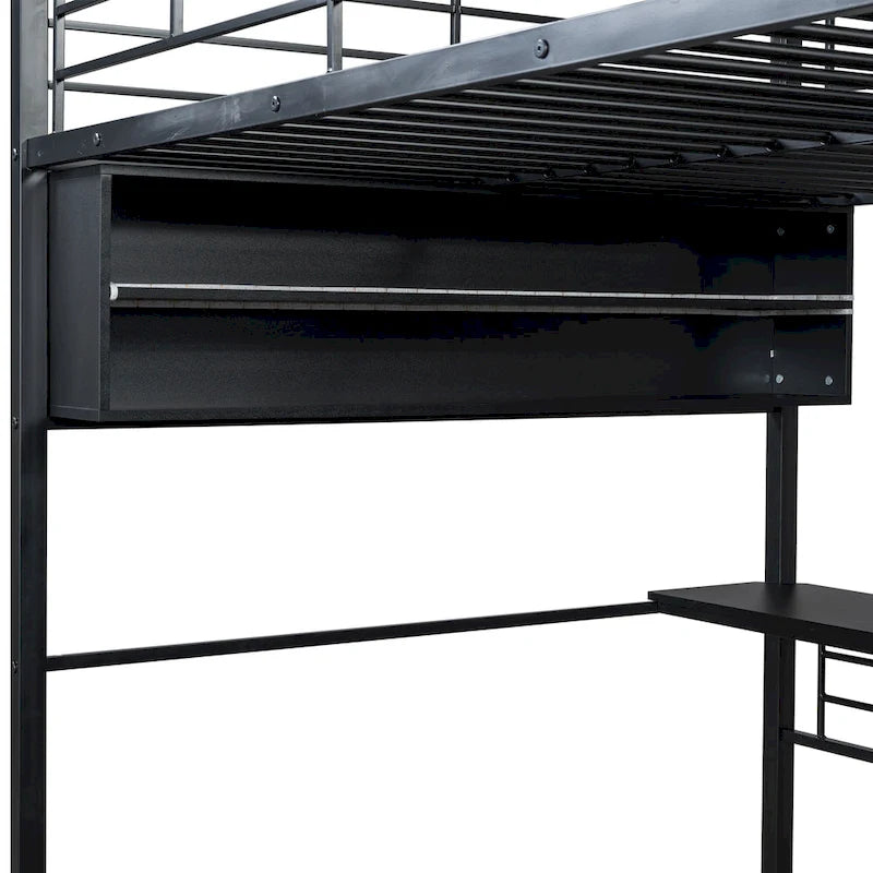 Letto a soppalco matrimoniale in metallo con scrivania e scale, struttura per letto a soppalco resistente con luci LED, letto a soppalco matrimoniale con mensole contenitore per bambini