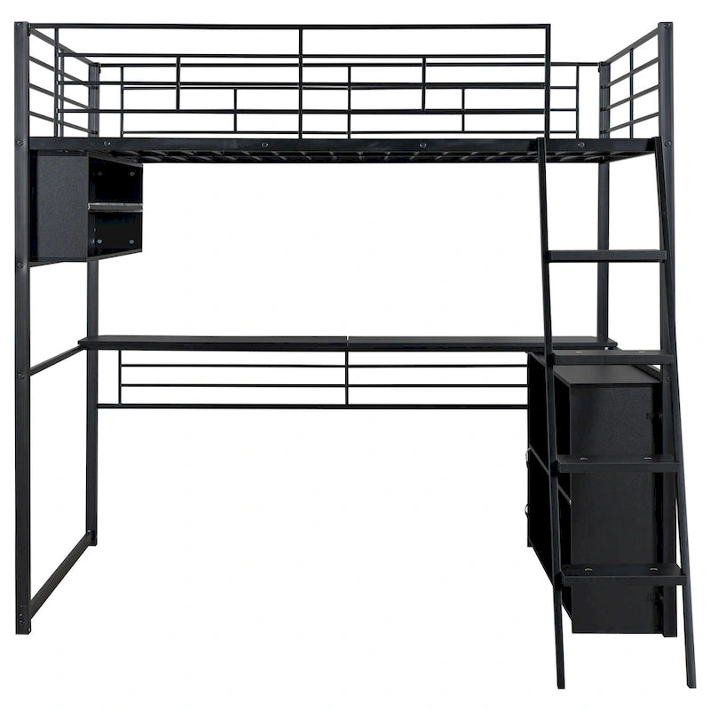 Letto a soppalco matrimoniale in metallo con scrivania e scale, struttura per letto a soppalco resistente con luci LED, letto a soppalco matrimoniale con mensole contenitore per bambini