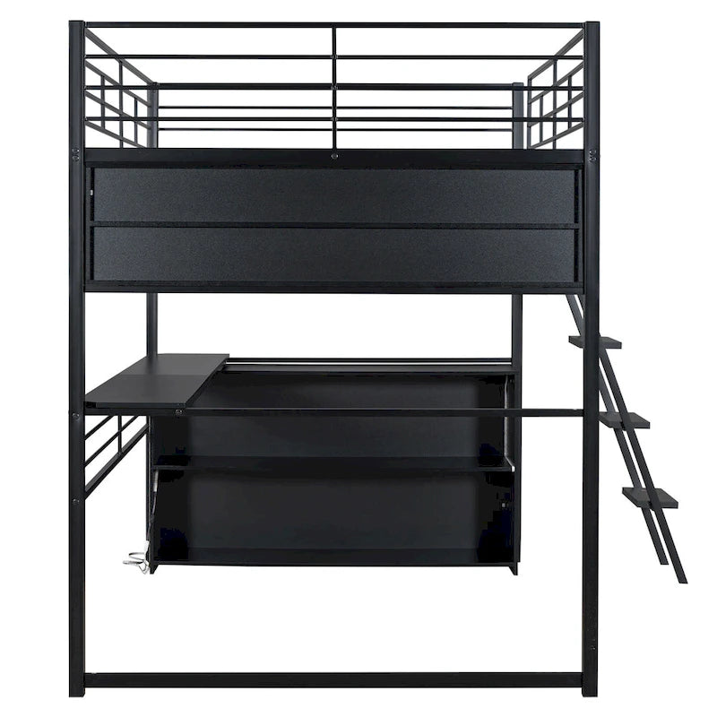 Letto a soppalco matrimoniale in metallo con scrivania e scale, struttura per letto a soppalco resistente con luci LED, letto a soppalco matrimoniale con mensole contenitore per bambini