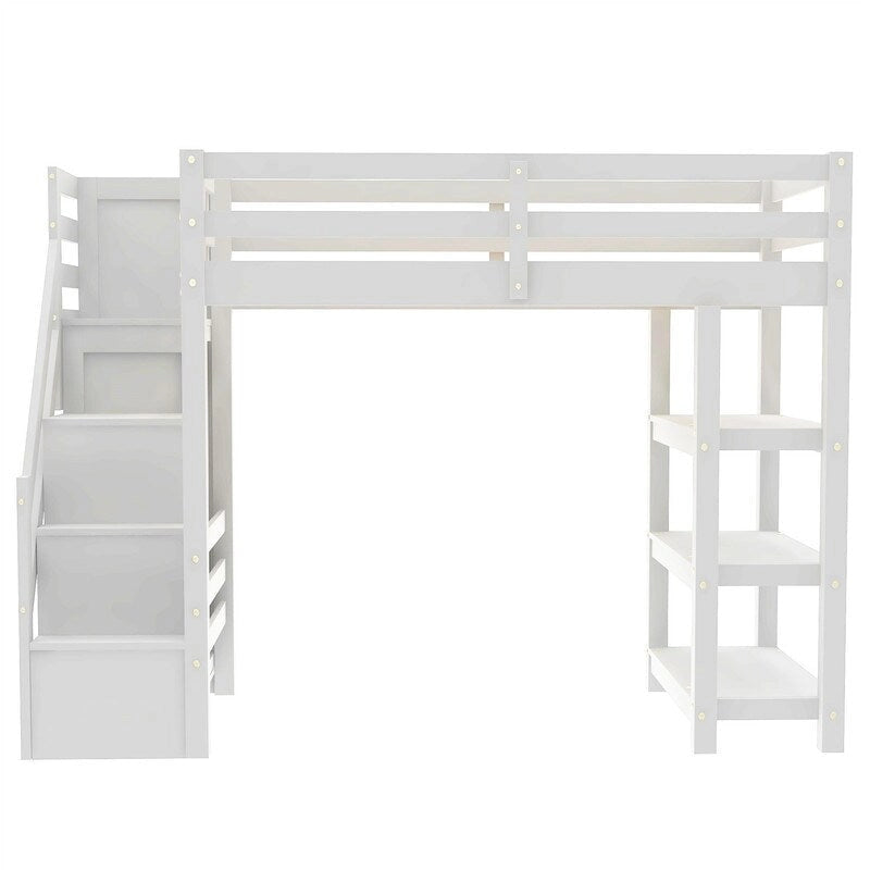 Hochbett für Einzel-/Doppelmatratze mit kleinem Kleiderschrank, LED-Beleuchtung und Stauraumtreppe, Hochbettgestell aus Holz mit Stauraumregalen für Kinder