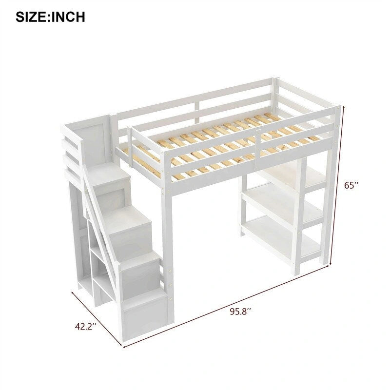 Hochbett für Einzel-/Doppelmatratze mit kleinem Kleiderschrank, LED-Beleuchtung und Stauraumtreppe, Hochbettgestell aus Holz mit Stauraumregalen für Kinder