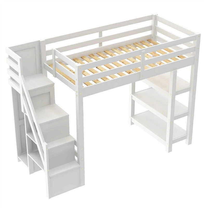 Hochbett für Einzel-/Doppelmatratze mit kleinem Kleiderschrank, LED-Beleuchtung und Stauraumtreppe, Hochbettgestell aus Holz mit Stauraumregalen für Kinder