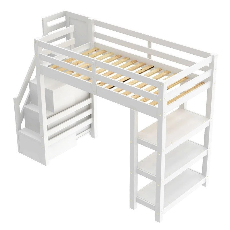 Hochbett für Einzel-/Doppelmatratze mit kleinem Kleiderschrank, LED-Beleuchtung und Stauraumtreppe, Hochbettgestell aus Holz mit Stauraumregalen für Kinder