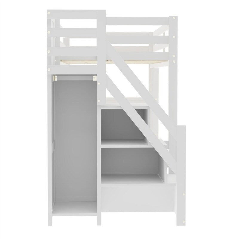 Hochbett für Einzel-/Doppelmatratze mit kleinem Kleiderschrank, LED-Beleuchtung und Stauraumtreppe, Hochbettgestell aus Holz mit Stauraumregalen für Kinder