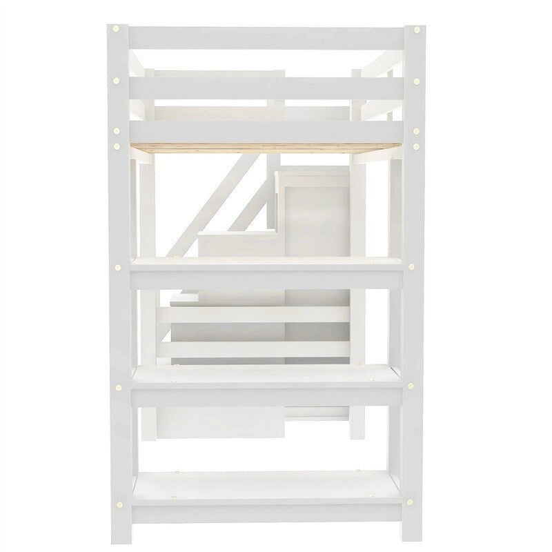 Hochbett für Einzel-/Doppelmatratze mit kleinem Kleiderschrank, LED-Beleuchtung und Stauraumtreppe, Hochbettgestell aus Holz mit Stauraumregalen für Kinder