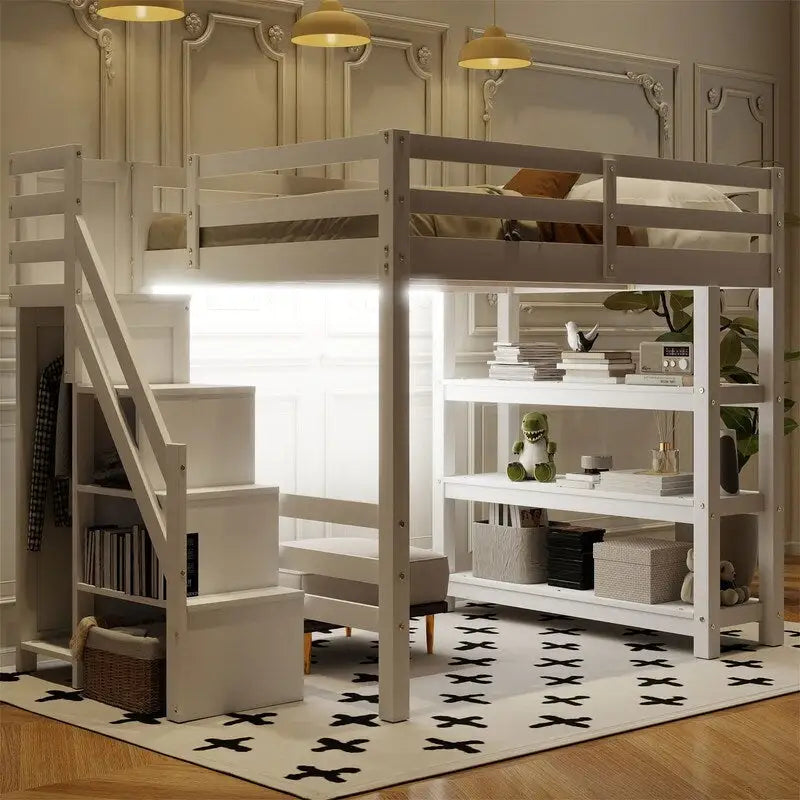 Hochbett für Einzel-/Doppelmatratze mit kleinem Kleiderschrank, LED-Beleuchtung und Stauraumtreppe, Hochbettgestell aus Holz mit Stauraumregalen für Kinder