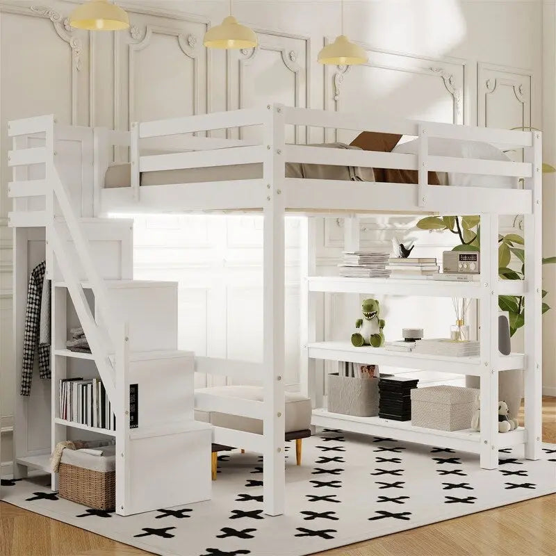 Hochbett für Einzel-/Doppelmatratze mit kleinem Kleiderschrank, LED-Beleuchtung und Stauraumtreppe, Hochbettgestell aus Holz mit Stauraumregalen für Kinder