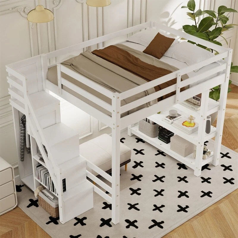 Hochbett für Einzel-/Doppelmatratze mit kleinem Kleiderschrank, LED-Beleuchtung und Stauraumtreppe, Hochbettgestell aus Holz mit Stauraumregalen für Kinder